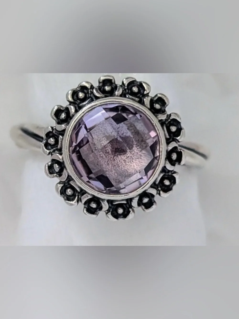 Pandora Silver RETIRED Ring with Purple Faceted Gem